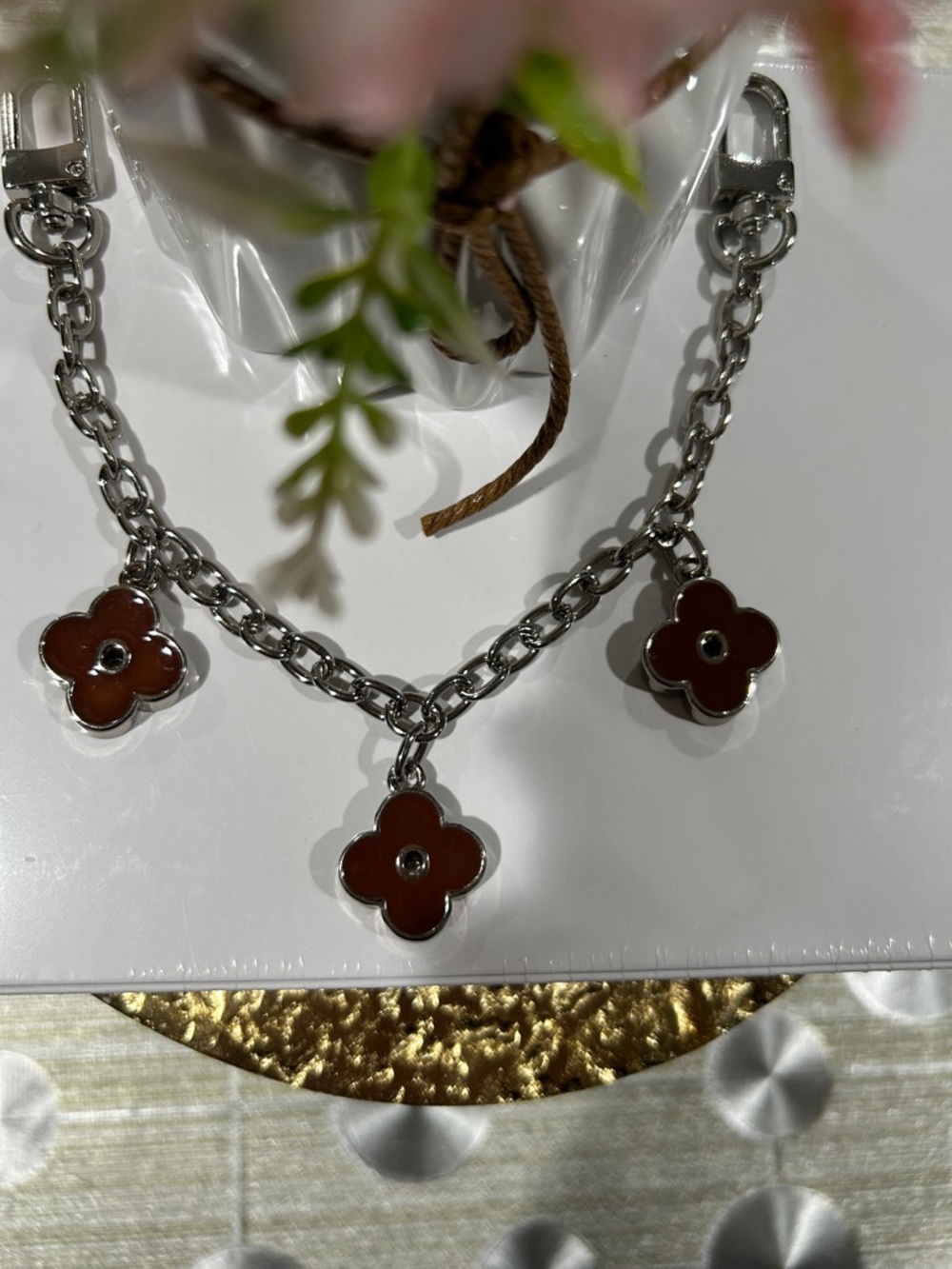 392. Silver Bag Chain with Chunky Double Sided Brown Flower Charms. 10” - Picture 2 of 3
